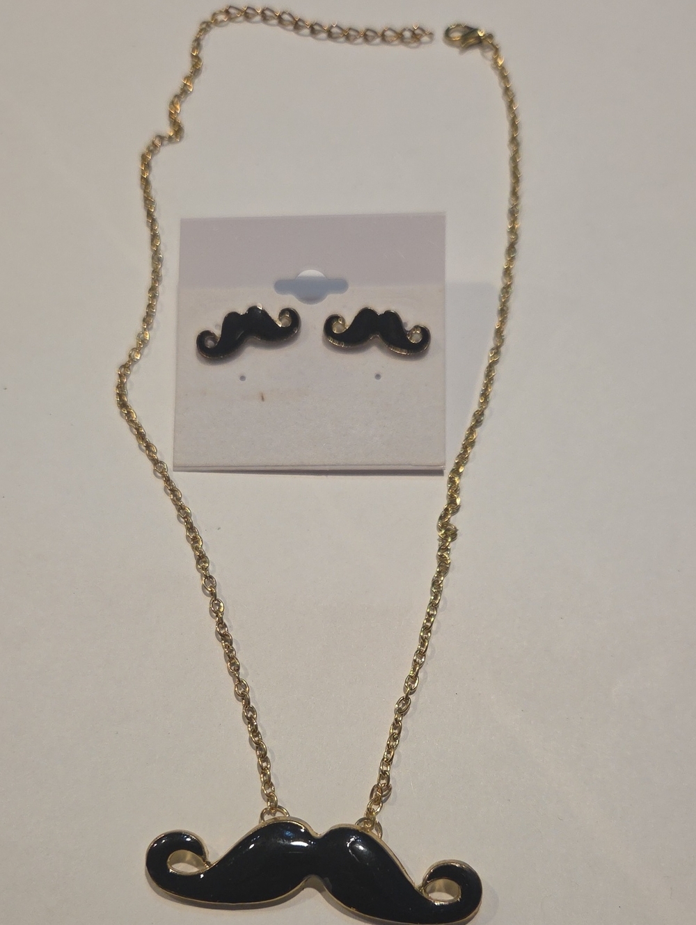 Black Mustache Necklace and Earring Set - Gold Tone
